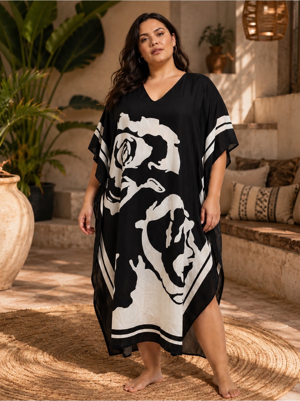 Gypsie Blu Black & White Floral - Elegant V-Neck Caftan